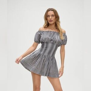 Frankie's Bikinis Black and White Checkered Off-Shoulder Mini Dress